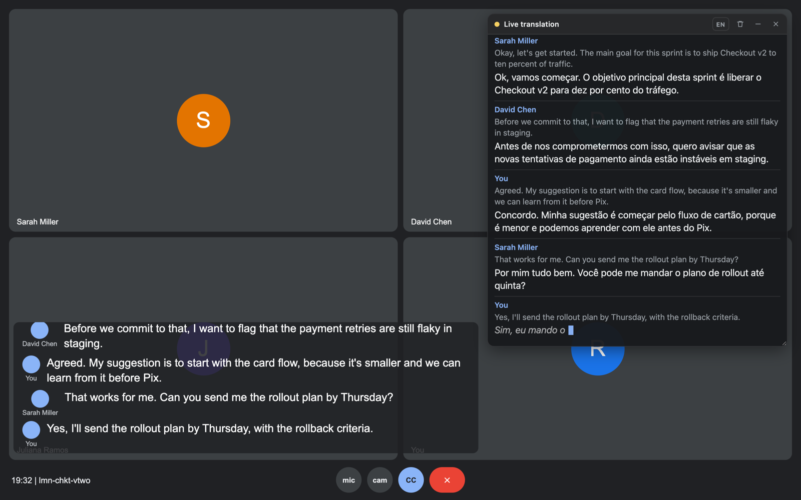 CallCrumb panel inside Google Meet showing English speech with a live translation