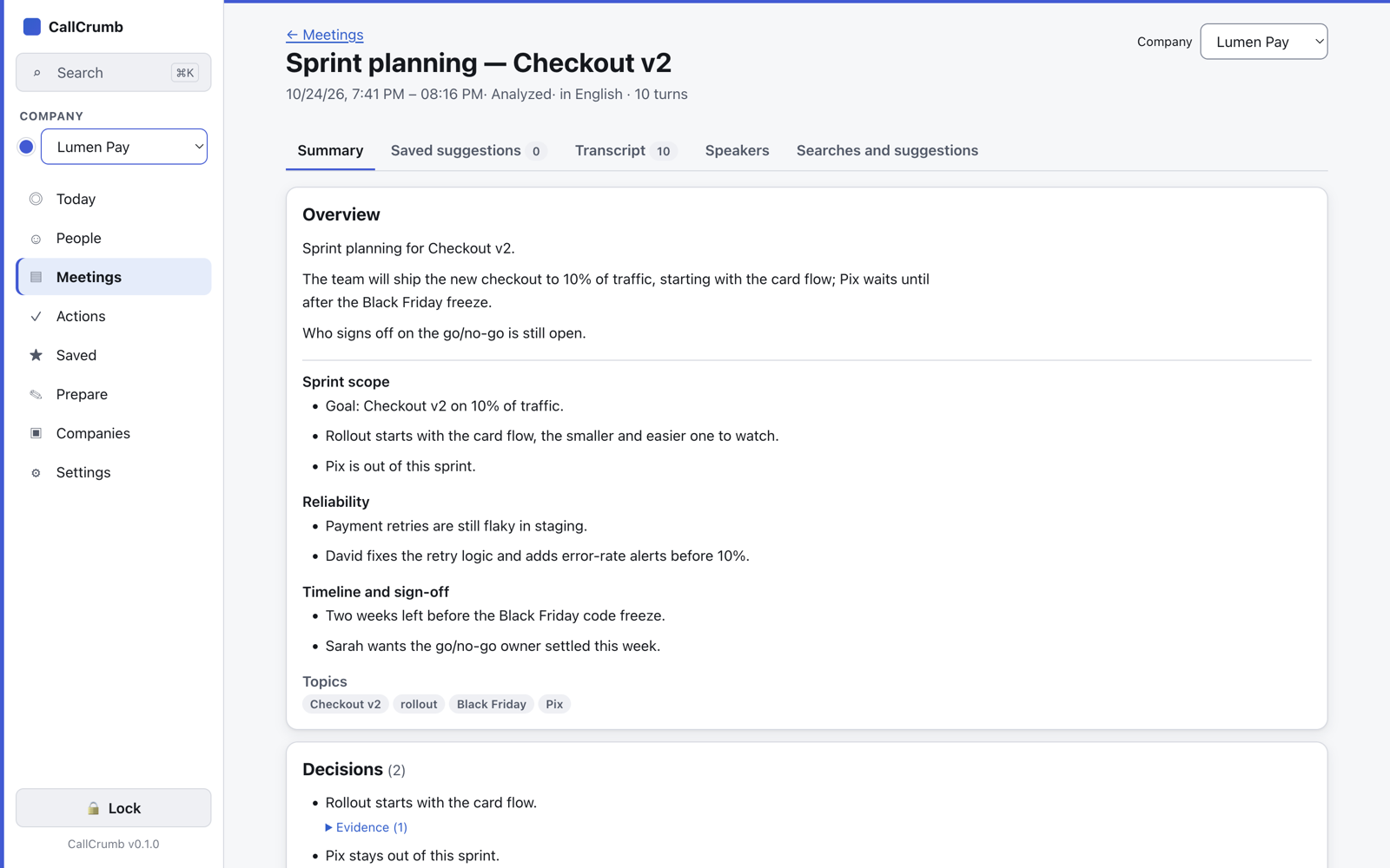 CallCrumb meeting page with an AI summary, decisions and action plan