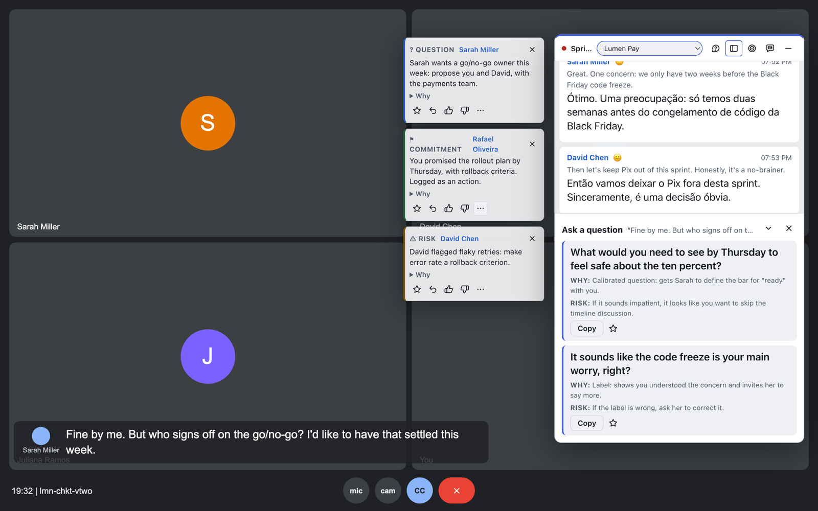 CallCrumb window on top of a meeting, with live translated speech and suggested replies