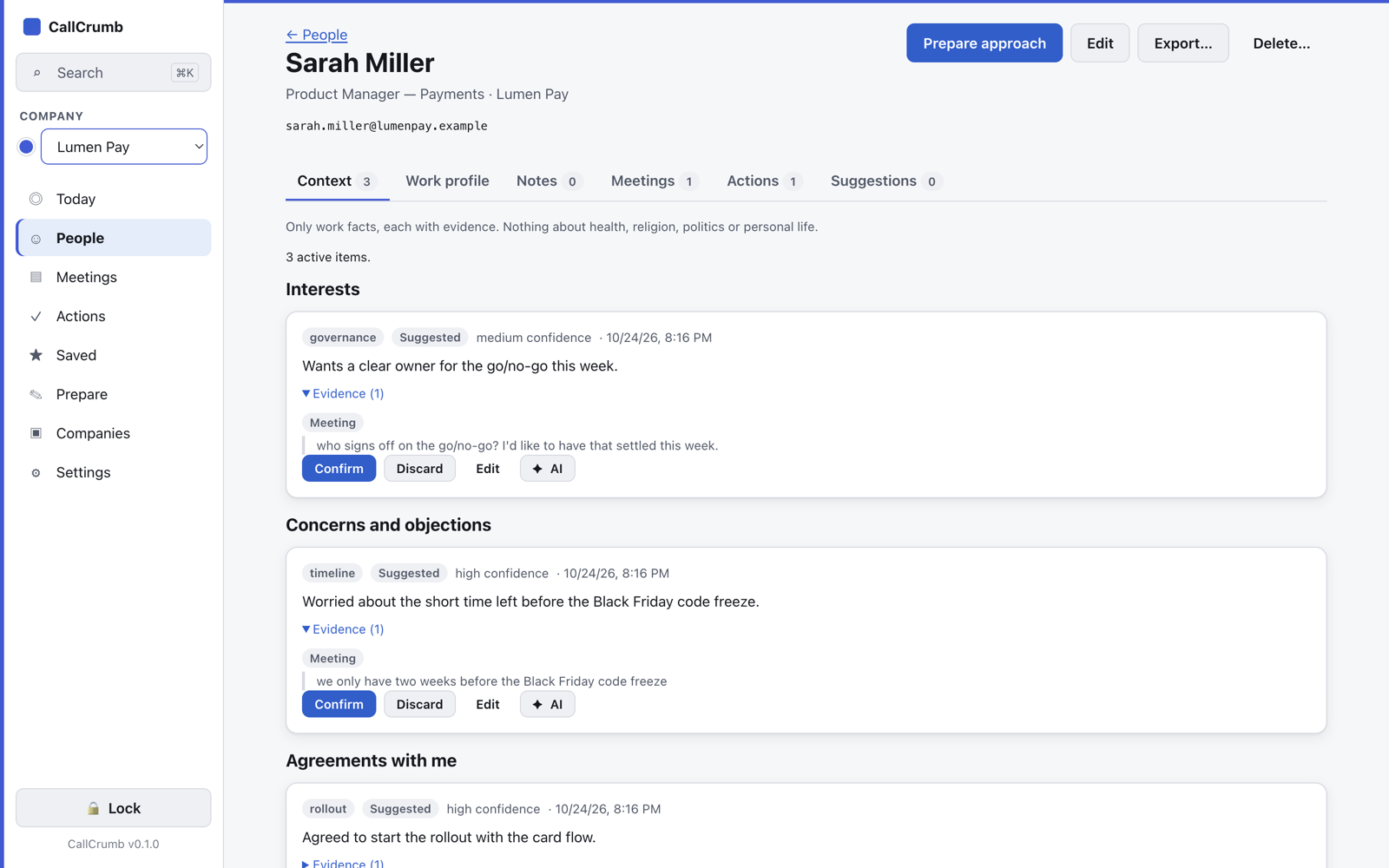 Sarah Miller’s page in CallCrumb: interests, concerns and common ground, each item with a confidence level and the meeting quote it came from