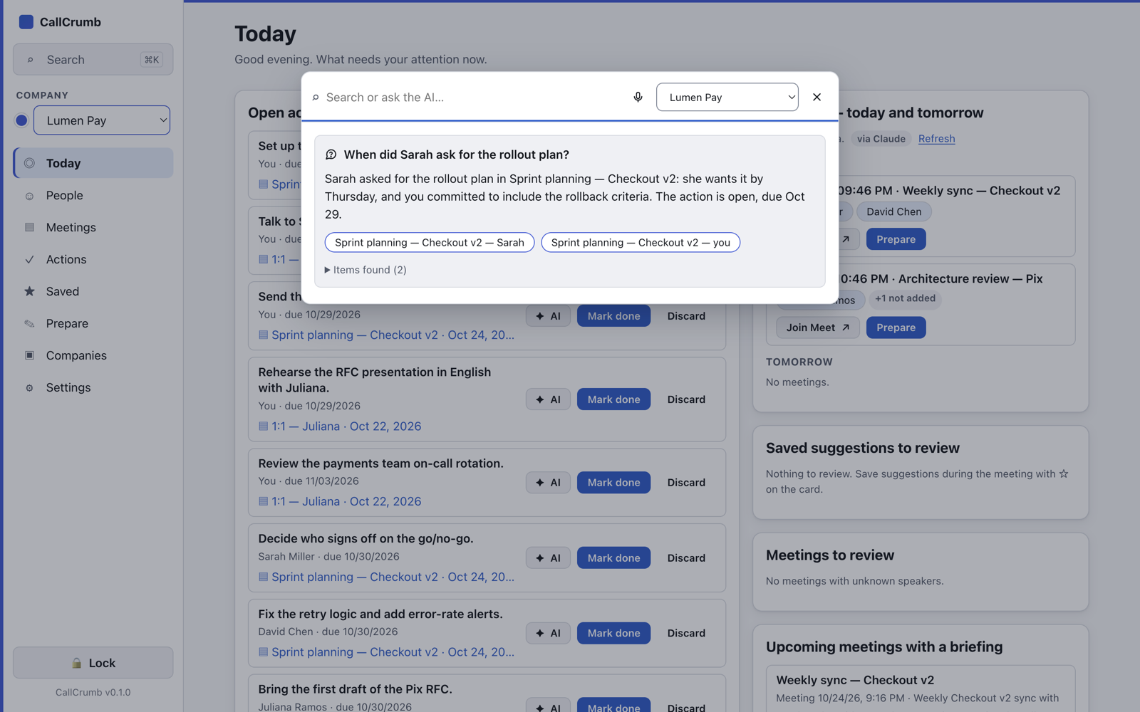 CallCrumb search answering “When did Sarah ask for the rollout plan?” with links to the meeting lines